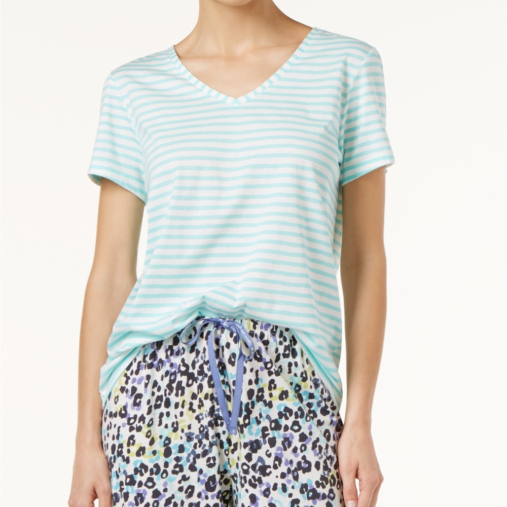 HUE Striped Pajama T-Shirt Top Teal Aqua Stripes